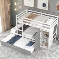 White Twin Bunk Bed with Built-in Storage Wardrobe and Trundle, Wood Kids Bunk Bed with Guardrail and Ladder by ANBAZAR