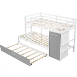 White Twin Bunk Bed with Built-in Storage Wardrobe and Trundle, Wood Kids Bunk Bed with Guardrail and Ladder by ANBAZAR -ANBAZAR Sales white anbazar bunk beds 01756anna k fa 1000