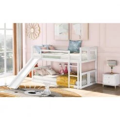 White Twin Kids Bunk Bed with Slide and Ladder, Twin Size Wooden Floor Bunk Bed Frame with Guardrail and Slats by ANBAZAR -ANBAZAR Sales white anbazar bunk beds 01794anna k 31 1000