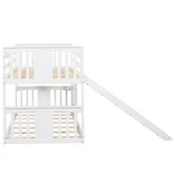 White Twin Kids Bunk Bed with Slide and Ladder, Twin Size Wooden Floor Bunk Bed Frame with Guardrail and Slats by ANBAZAR -ANBAZAR Sales white anbazar bunk beds 01794anna k 44 1000