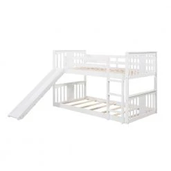 White Twin Kids Bunk Bed with Slide and Ladder, Twin Size Wooden Floor Bunk Bed Frame with Guardrail and Slats by ANBAZAR -ANBAZAR Sales white anbazar bunk beds 01794anna k 4f 1000