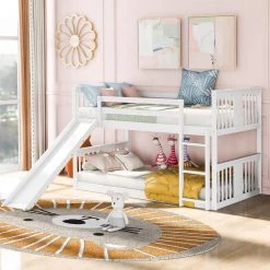 White Twin Kids Bunk Bed with Slide and Ladder, Twin Size Wooden Floor Bunk Bed Frame with Guardrail and Slats by ANBAZAR