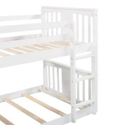 White Twin Kids Bunk Bed with Slide and Ladder, Twin Size Wooden Floor Bunk Bed Frame with Guardrail and Slats by ANBAZAR -ANBAZAR Sales white anbazar bunk beds 01794anna k 76 1000