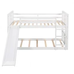 White Twin Kids Bunk Bed with Slide and Ladder, Twin Size Wooden Floor Bunk Bed Frame with Guardrail and Slats by ANBAZAR -ANBAZAR Sales white anbazar bunk beds 01794anna k c3 1000