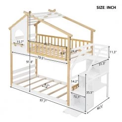 White Twin Bunk Bed with Staircase and House Roof, Wood Kids House Bunk Bed Frame with Drawers and Guardrail by ANBAZAR -ANBAZAR Sales white anbazar bunk beds 01808anna k 1f 1000