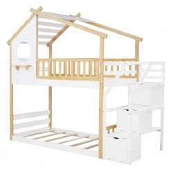 White Twin Bunk Bed with Staircase and House Roof, Wood Kids House Bunk Bed Frame with Drawers and Guardrail by ANBAZAR -ANBAZAR Sales white anbazar bunk beds 01808anna k 4f 1000