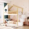 White Twin Bunk Bed with Staircase and House Roof, Wood Kids House Bunk Bed Frame with Drawers and Guardrail by ANBAZAR