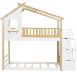 White Twin Bunk Bed with Staircase and House Roof, Wood Kids House Bunk Bed Frame with Drawers and Guardrail by ANBAZAR -ANBAZAR Sales white anbazar bunk beds 01808anna k c3 1000