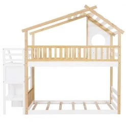 White Twin Bunk Bed with Staircase and House Roof, Wood Kids House Bunk Bed Frame with Drawers and Guardrail by ANBAZAR -ANBAZAR Sales white anbazar bunk beds 01808anna k fa 1000