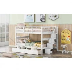 Detachable White Full Bunk Bed with Drawers and Stairs, Wood Kids Bunk Bed Frame with Staircases and Slats by ANBAZAR -ANBAZAR Sales white anbazar bunk beds 01809anna k 31 1000