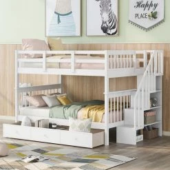 Detachable White Full Bunk Bed with Drawers and Stairs, Wood Kids Bunk Bed Frame with Staircases and Slats by ANBAZAR