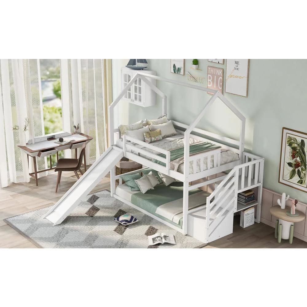 White Twin Kids House Bunk Bed with Convertible Slide, Wood Bunk Bed Frame with Convertible Storage Staircase by ANBAZAR 9 White Twin Kids House Bunk Bed with Convertible Slide, Wood Bunk Bed Frame with Convertible Storage Staircase by ANBAZAR - Image 9