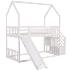White Twin Kids House Bunk Bed with Convertible Slide, Wood Bunk Bed Frame with Convertible Storage Staircase by ANBAZAR 14 White Twin Kids House Bunk Bed with Convertible Slide, Wood Bunk Bed Frame with Convertible Storage Staircase by ANBAZAR -ANBAZAR Sales white anbazar bunk beds 01858anna k 44 1000