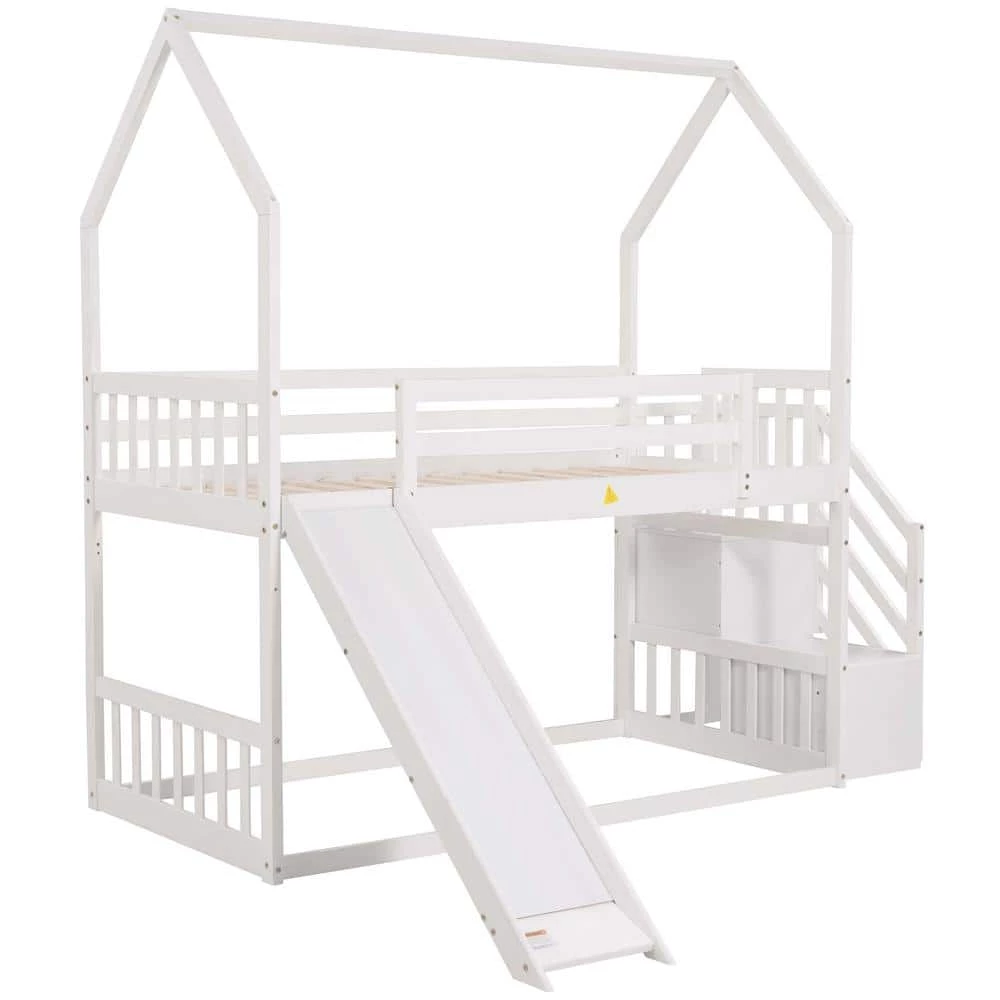 White Twin Kids House Bunk Bed with Convertible Slide, Wood Bunk Bed Frame with Convertible Storage Staircase by ANBAZAR 6 White Twin Kids House Bunk Bed with Convertible Slide, Wood Bunk Bed Frame with Convertible Storage Staircase by ANBAZAR - Image 6