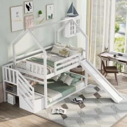 White Twin Kids House Bunk Bed with Convertible Slide, Wood Bunk Bed Frame with Convertible Storage Staircase by ANBAZAR