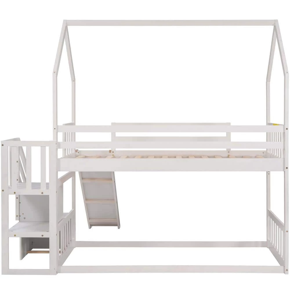 White Twin Kids House Bunk Bed with Convertible Slide, Wood Bunk Bed Frame with Convertible Storage Staircase by ANBAZAR 8 White Twin Kids House Bunk Bed with Convertible Slide, Wood Bunk Bed Frame with Convertible Storage Staircase by ANBAZAR - Image 8