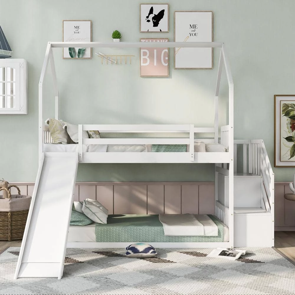 White Twin Kids House Bunk Bed with Convertible Slide, Wood Bunk Bed Frame with Convertible Storage Staircase by ANBAZAR 2 White Twin Kids House Bunk Bed with Convertible Slide, Wood Bunk Bed Frame with Convertible Storage Staircase by ANBAZAR - Image 2