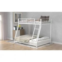 White Low Twin Over Full Size Bunk Bed, Metal Kids Bunk Bed Frame with Ladder and Guard Rail, No Box Spring Needed by ANBAZAR -ANBAZAR Sales white anbazar bunk beds 01862anna k 31 1000