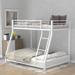 White Low Twin Over Full Size Bunk Bed, Metal Kids Bunk Bed Frame with Ladder and Guard Rail, No Box Spring Needed by ANBAZAR