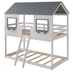 White Kids House Bunk Beds with Roof Windows and Guardrails, Low Profile Bunk Beds Twin Size by ANBAZAR 15 White Kids House Bunk Beds with Roof Windows and Guardrails, Low Profile Bunk Beds Twin Size by ANBAZAR -ANBAZAR Sales white anbazar bunk beds ff117 k 1d 1000