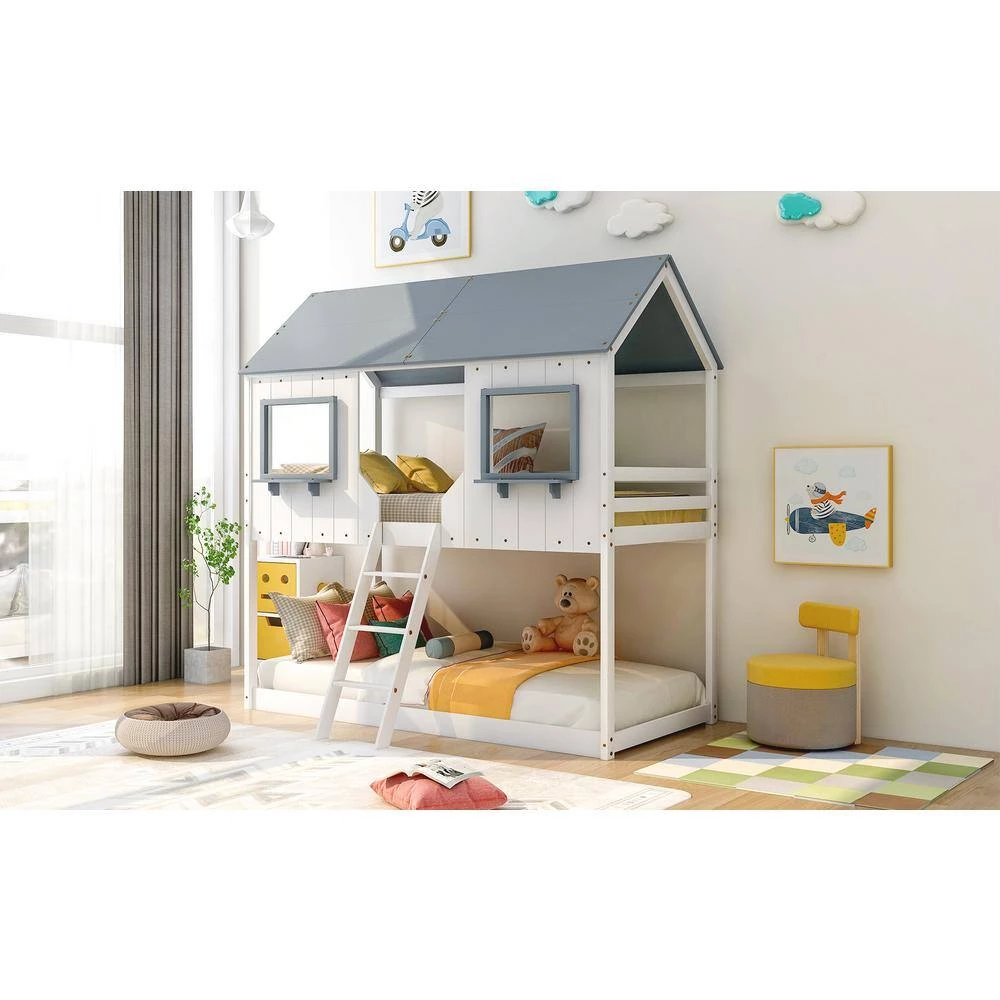 White Kids House Bunk Beds with Roof Windows and Guardrails, Low Profile Bunk Beds Twin Size by ANBAZAR 12 White Kids House Bunk Beds with Roof Windows and Guardrails, Low Profile Bunk Beds Twin Size by ANBAZAR - Image 12