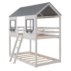 White Kids House Bunk Beds with Roof Windows and Guardrails, Low Profile Bunk Beds Twin Size by ANBAZAR 20 White Kids House Bunk Beds with Roof Windows and Guardrails, Low Profile Bunk Beds Twin Size by ANBAZAR -ANBAZAR Sales white anbazar bunk beds ff117 k 44 1000