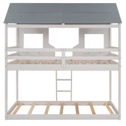 White Kids House Bunk Beds with Roof Windows and Guardrails, Low Profile Bunk Beds Twin Size by ANBAZAR