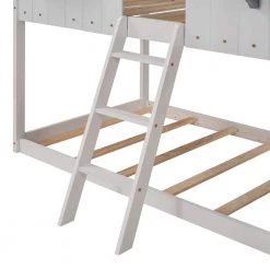 House Bunk Bed Twin Over Twin, Kids Low Bunk Beds with Roof, Window, Guardrail, Ladder, Space Saving White by ANBAZAR -ANBAZAR Sales white anbazar bunk beds ff83 k 1d 1000