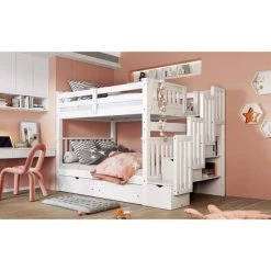 White Full Over Full Bunk Bed with Shelves and 6-Storage Drawers Convertible Stairway Bunk Bed Frame for Kids by ANBAZAR -ANBAZAR Sales white anbazar bunk beds ff87 k 31 1000