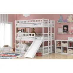 White Triple Bunk Beds with Slide Wooden Floor Triple Bunk Bed with Ladder and Guardrails Can be Convertible to 3-Beds by ANBAZAR -ANBAZAR Sales white anbazar bunk beds ff88 k 31 1000