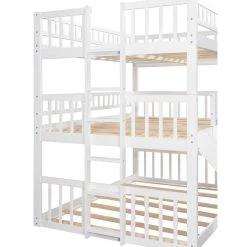 White Triple Bunk Beds with Slide Wooden Floor Triple Bunk Bed with Ladder and Guardrails Can be Convertible to 3-Beds by ANBAZAR -ANBAZAR Sales white anbazar bunk beds ff88 k 44 1000