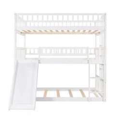 White Triple Bunk Beds with Slide Wooden Floor Triple Bunk Bed with Ladder and Guardrails Can be Convertible to 3-Beds by ANBAZAR