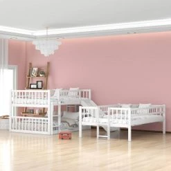 White Triple Bunk Beds with Slide Wooden Floor Triple Bunk Bed with Ladder and Guardrails Can be Convertible to 3-Beds by ANBAZAR -ANBAZAR Sales white anbazar bunk beds ff88 k c3 1000