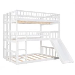 White Triple Bunk Beds with Slide Wooden Floor Triple Bunk Bed with Ladder and Guardrails Can be Convertible to 3-Beds by ANBAZAR -ANBAZAR Sales white anbazar bunk beds ff88 k fa 1000