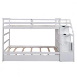 White Twin Over Twin Bunk Bed with Trundle Stairway Bunk Bed Frame with 3-Storage Drawers and Guard Rail by ANBAZAR