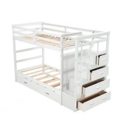 Solid Wood Twin Over Twin Bunk Bed, Trundle Bunk Beds with 4 Storage Drawers, Staircase and Safety Guard Rail White by ANBAZAR -ANBAZAR Sales white anbazar bunk beds ff91 k 31 1000