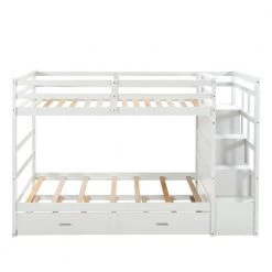 Solid Wood Twin Over Twin Bunk Bed, Trundle Bunk Beds with 4 Storage Drawers, Staircase and Safety Guard Rail White by ANBAZAR