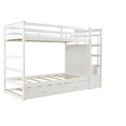 Solid Wood Twin Over Twin Bunk Bed, Trundle Bunk Beds with 4 Storage Drawers, Staircase and Safety Guard Rail White by ANBAZAR -ANBAZAR Sales white anbazar bunk beds ff91 k 66 1000