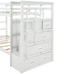 Solid Wood Twin Over Twin Bunk Bed, Trundle Bunk Beds with 4 Storage Drawers, Staircase and Safety Guard Rail White by ANBAZAR -ANBAZAR Sales white anbazar bunk beds ff91 k 76 1000