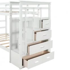 Solid Wood Twin Over Twin Bunk Bed, Trundle Bunk Beds with 4 Storage Drawers, Staircase and Safety Guard Rail White by ANBAZAR -ANBAZAR Sales white anbazar bunk beds ff91 k fa 1000