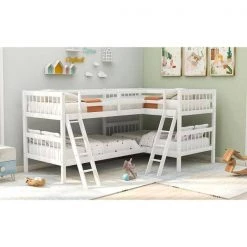 L-Shaped Bunk Bed Twin Over Twin, Quad Bunk Bed with Guardrail and Angle Ladder, Wood Twin Bunk Beds for 4, Corner Bunk by ANBAZAR 19 L-Shaped Bunk Bed Twin Over Twin, Quad Bunk Bed with Guardrail and Angle Ladder, Wood Twin Bunk Beds for 4, Corner Bunk by ANBAZAR -ANBAZAR Sales white anbazar bunk beds ff93 k 31 1000