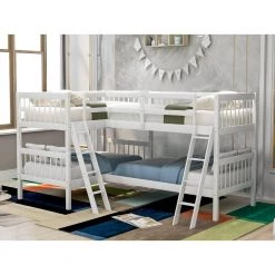 L-Shaped Bunk Bed Twin Over Twin, Quad Bunk Bed with Guardrail and Angle Ladder, Wood Twin Bunk Beds for 4, Corner Bunk by ANBAZAR 12 L-Shaped Bunk Bed Twin Over Twin, Quad Bunk Bed with Guardrail and Angle Ladder, Wood Twin Bunk Beds for 4, Corner Bunk by ANBAZAR -ANBAZAR Sales white anbazar bunk beds ff93 k 40 1000