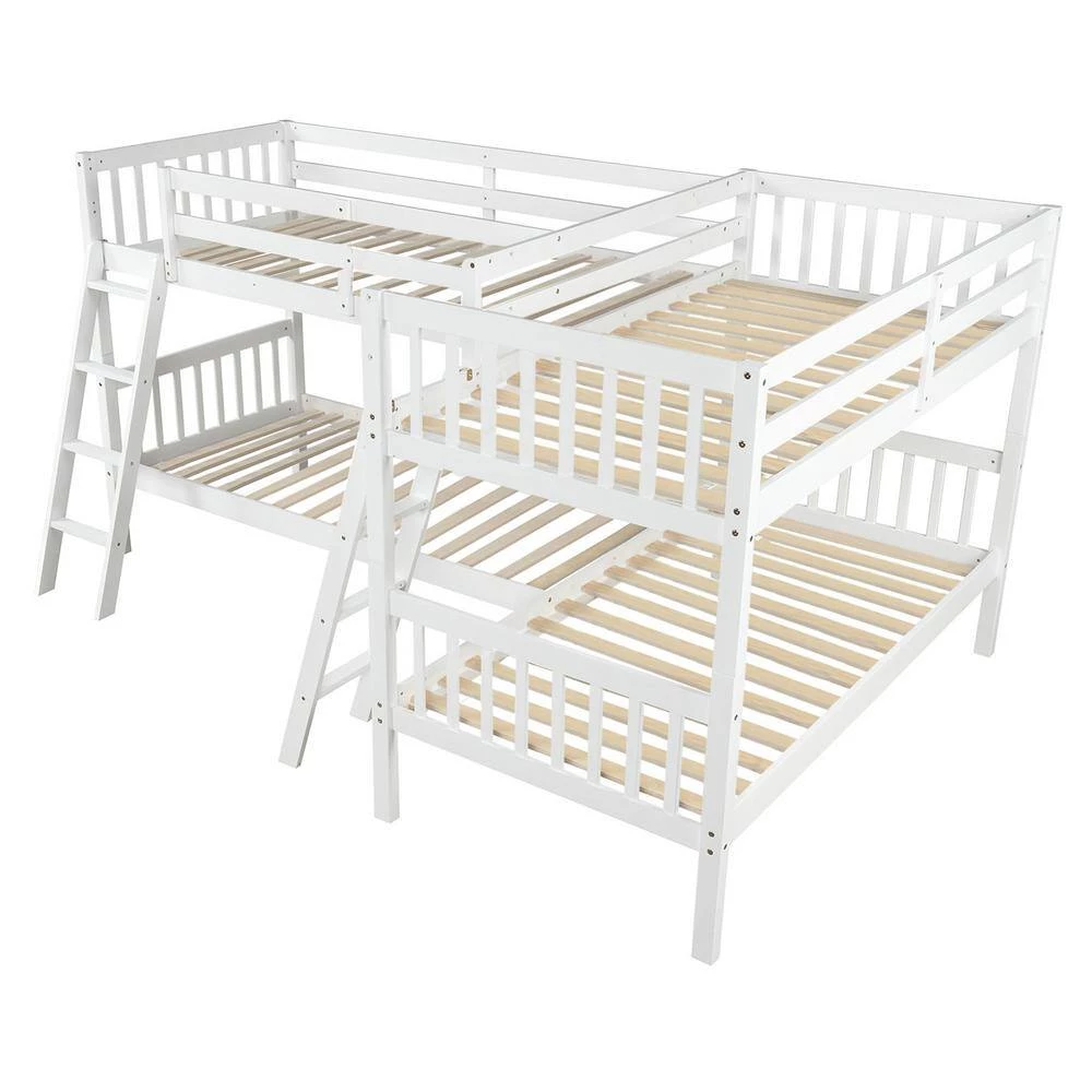 L-Shaped Bunk Bed Twin Over Twin, Quad Bunk Bed with Guardrail and Angle Ladder, Wood Twin Bunk Beds for 4, Corner Bunk by ANBAZAR 5 L-Shaped Bunk Bed Twin Over Twin, Quad Bunk Bed with Guardrail and Angle Ladder, Wood Twin Bunk Beds for 4, Corner Bunk by ANBAZAR - Image 5