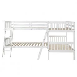 L-Shaped Bunk Bed Twin Over Twin, Quad Bunk Bed with Guardrail and Angle Ladder, Wood Twin Bunk Beds for 4, Corner Bunk by ANBAZAR