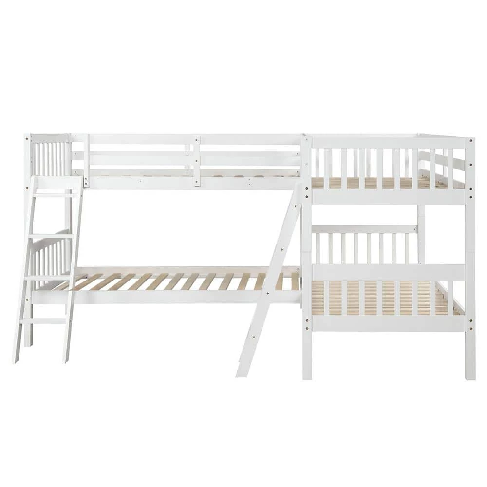 L-Shaped Bunk Bed Twin Over Twin, Quad Bunk Bed with Guardrail and Angle Ladder, Wood Twin Bunk Beds for 4, Corner Bunk by ANBAZAR 1 L-Shaped Bunk Bed Twin Over Twin, Quad Bunk Bed with Guardrail and Angle Ladder, Wood Twin Bunk Beds for 4, Corner Bunk by ANBAZAR