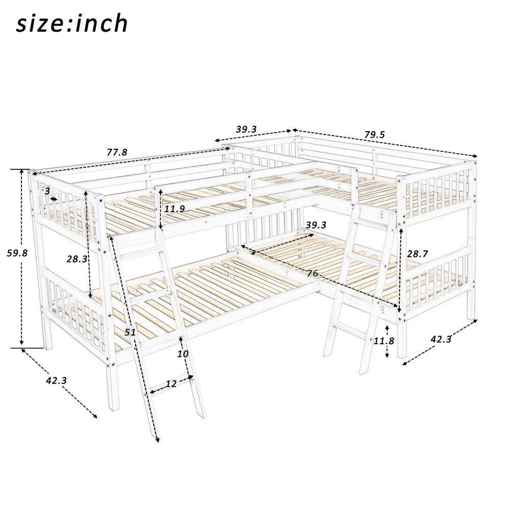L-Shaped Bunk Bed Twin Over Twin, Quad Bunk Bed with Guardrail and Angle Ladder, Wood Twin Bunk Beds for 4, Corner Bunk by ANBAZAR 4 L-Shaped Bunk Bed Twin Over Twin, Quad Bunk Bed with Guardrail and Angle Ladder, Wood Twin Bunk Beds for 4, Corner Bunk by ANBAZAR - Image 4