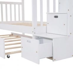 Solid Wood Full Stairway Bunk Bed with Twin Size Trundle and Reversible Staircase, Can be Divided into 2 Beds，White by ANBAZAR -ANBAZAR Sales white anbazar bunk beds ff94 k 1d 1000