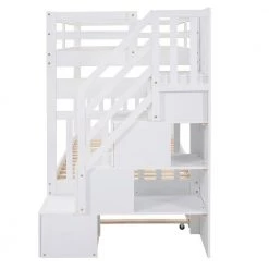 Solid Wood Full Stairway Bunk Bed with Twin Size Trundle and Reversible Staircase, Can be Divided into 2 Beds，White by ANBAZAR -ANBAZAR Sales white anbazar bunk beds ff94 k 1f 1000