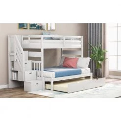 Solid Wood Full Stairway Bunk Bed with Twin Size Trundle and Reversible Staircase, Can be Divided into 2 Beds，White by ANBAZAR -ANBAZAR Sales white anbazar bunk beds ff94 k 31 1000