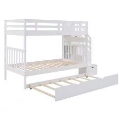 Solid Wood Full Stairway Bunk Bed with Twin Size Trundle and Reversible Staircase, Can be Divided into 2 Beds，White by ANBAZAR -ANBAZAR Sales white anbazar bunk beds ff94 k 40 1000